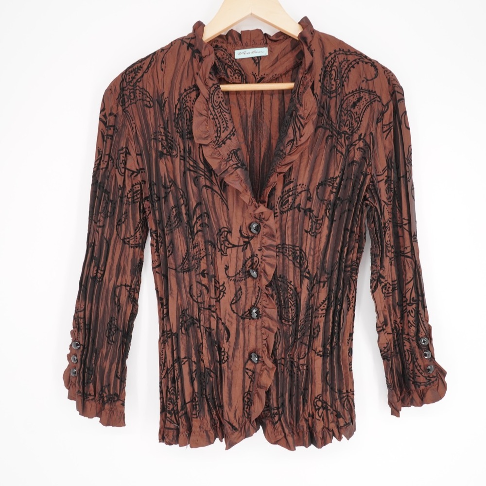 Vintage Whimsigoth Crinkle Blouse L Brown Bell Sleeve Metallic Velvet Button Y2K